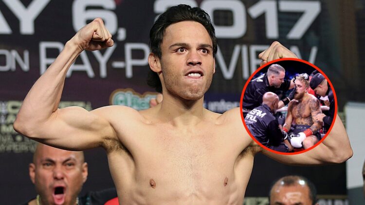 ulio Cesar Chavez Jr. poses during the official weigh-in at MGM Grand Garden Arena and Jake Paul receives medical treatment during the Cruiserweigh...