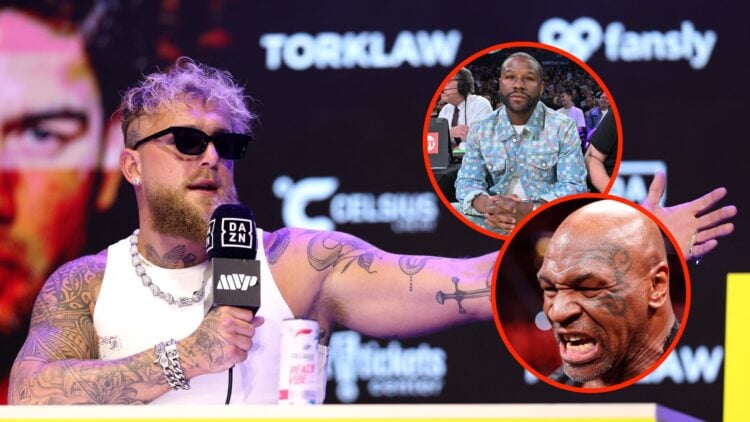 Jake Paul talks on the mic during press conference ahead of Julio Cesar Chavez Jr fight with an inset of Floyd Mayweather in attendance at an NBA g...
