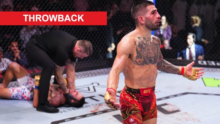 Ilia Topuria celebrates after beating Max Holloway at UFC 308