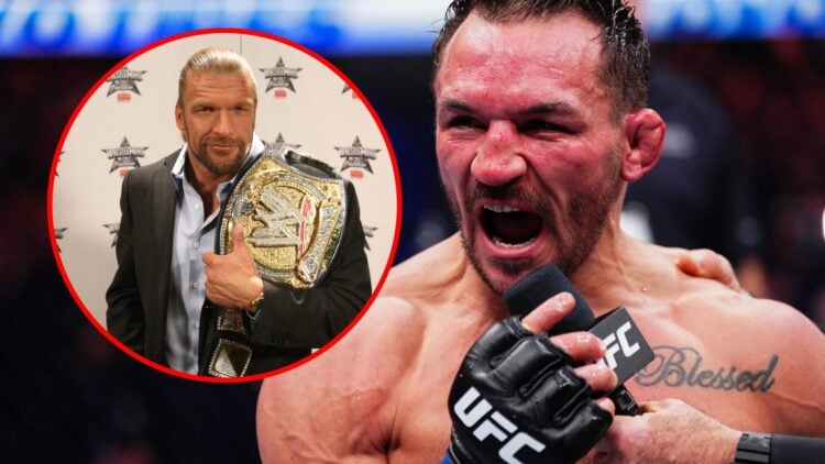Main: Michael Chandler is interviewed inside the Octagon after his loss to Charles Oliveira at UFC 309. Inset: Triple H attends the WrestleMani 25t...