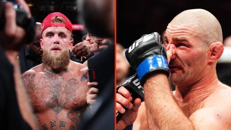Jake Paul following his boxing win over Mike Tyson split with Sean Strickland on the mic after his UFC 312 loss
