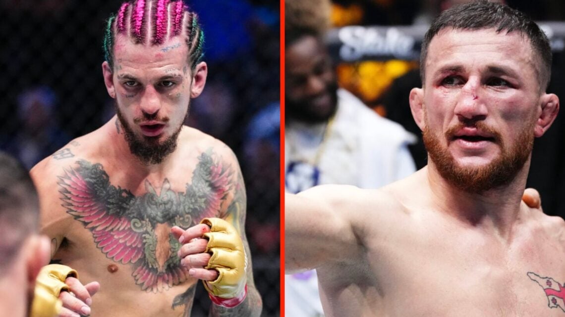 Sean O'Malley faces off with Merab Dvalishvili at UFC 306, and Merab Dvalishvili celebrates his win over Sean O'Malley in the octagon at UFC 306