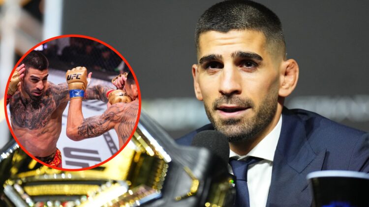 Ilia Topuria on stage at the UFC 308 press conference in Abu Dhabi ahead of his title defense against Max Holloway and an overlay of Ilia Topuria p...