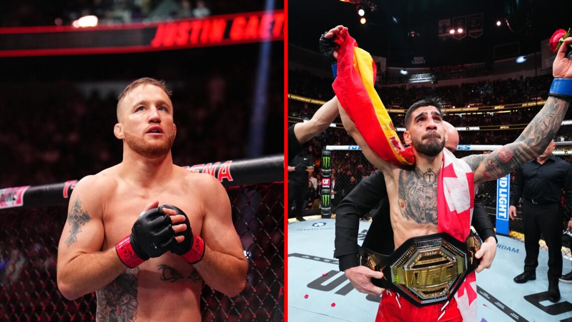 Split image of Justin Gaethje at UFC 313 and Ilia Topuria at UFC 298