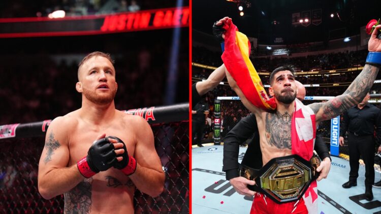 Split image of Justin Gaethje at UFC 313 and Ilia Topuria at UFC 298