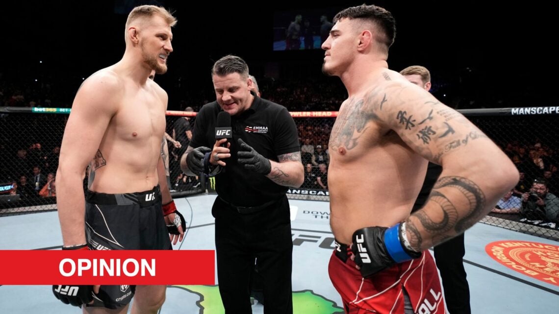 Image of Alexander Volkov facing off with Tom Aspinall at UFC London in 2022 with opinion label