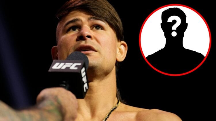 Diego Lopes speaks at the UFC 314 ceremonial weigh-ins, inset mystery icon