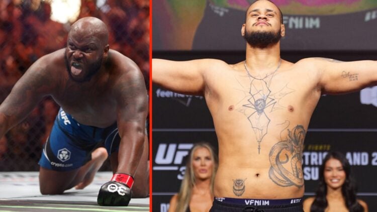 Derrick Lewis crawls around the octagon at UFC 291 and Tallison Teixeira poses at the UFC weigh in