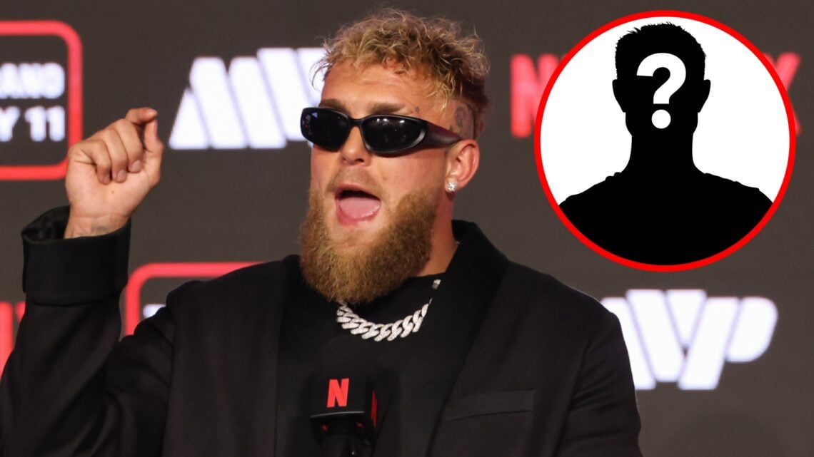 Jake Paul speaks at a press conference for Amanda Serrano vs. Katie Taylor 3, inset mystery icon.