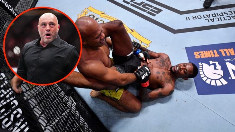 Kevin Holland smiles at Jacare Souza during their UFC fight with an inset of Joe Rogan reacting to Max Holloway's KO at UFC 300