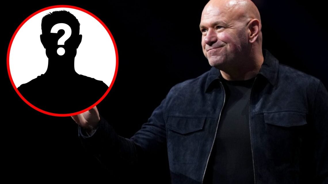 Dana White gestures to the crowd during the UFC 315 weigh-ins, inset mystery icon
