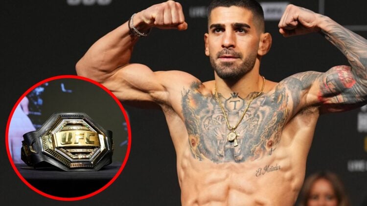 Ilia Topuria poses at the UFC 308 ceremonial weigh-ins, inset Topuria's UFC featherweight championship pictured at a press conference in Madrid