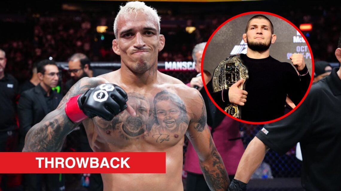 Main: Charles Oliveira celebrates after beating Beneil Dariush at UFC 289. Inset: Khabib Nurmagomedov poses on stage at the UFC 229 press conference.