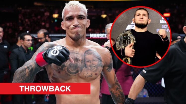Main: Charles Oliveira celebrates after beating Beneil Dariush at UFC 289. Inset: Khabib Nurmagomedov poses on stage at the UFC 229 press conference.
