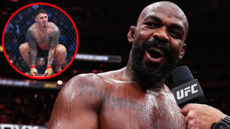 Jon Jones speaks to Joe Rogan after beating Stipe Miocic at UFC 309, inset Tom Aspinall prepares to face Curtis Blaydes at UFC 304
