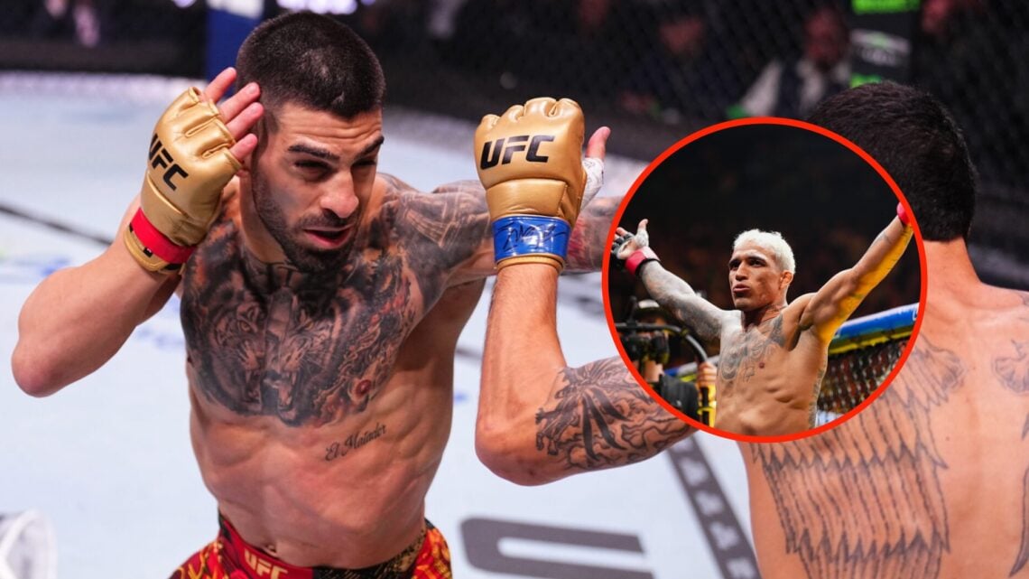 Ilia Topuria punches Max Holloway during their UFC 306 bout with an overlay of Charles Oliveira celebrating