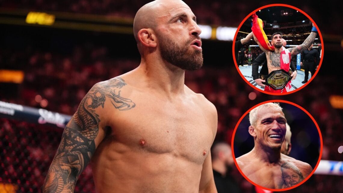 prepares to face Diego Lopes at UFC 314 with overlays of Ilia Topuria and Charles Oliveira