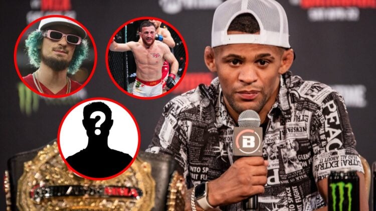 Main: Patchy Mix answers a question at the Bellator 295 pre-fight press conference. Top left inset: Sean O'Malley at the NFL game between Arizona C...