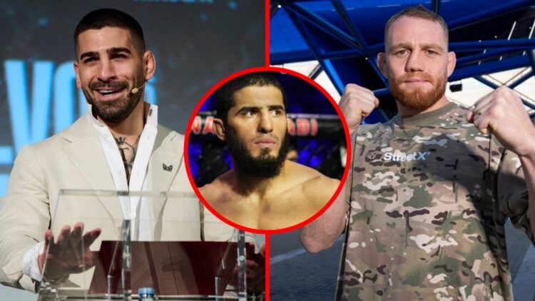 Ilia Topuria speaking at the WOW 17 Madrid press conference with Jack Della Maddalena posing during a UFC Perth Media Opportunity, inset Islam Makh...