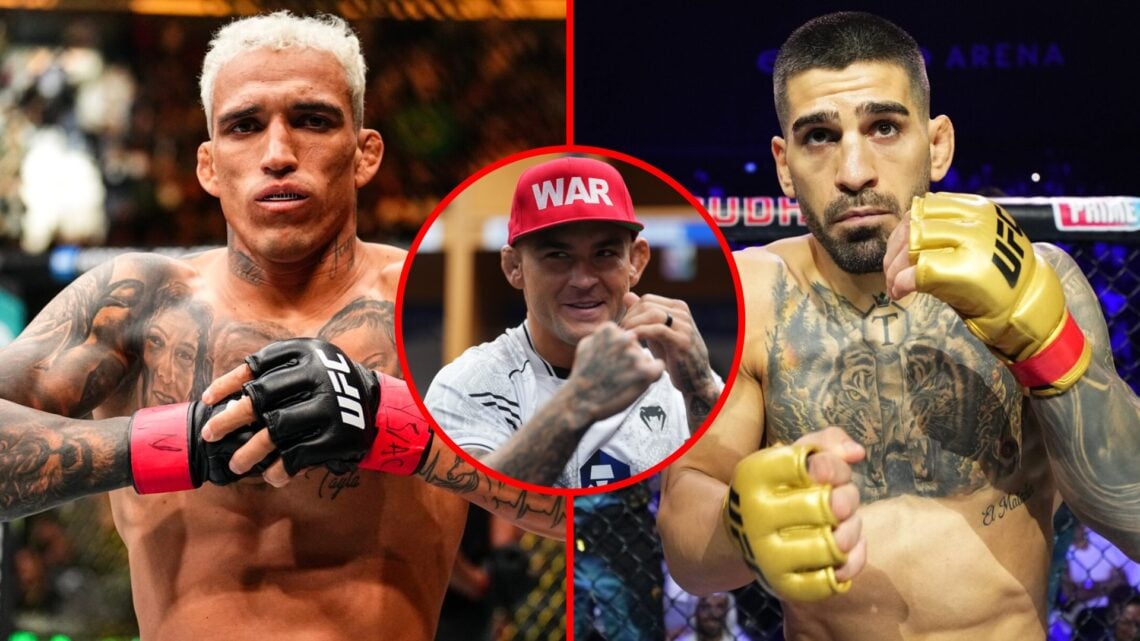 Left: Charles Oliveira inside the cage for his fight against Michael Chandler at UFC 309. Right: Ilia Topuria inside the cage for his fight against...