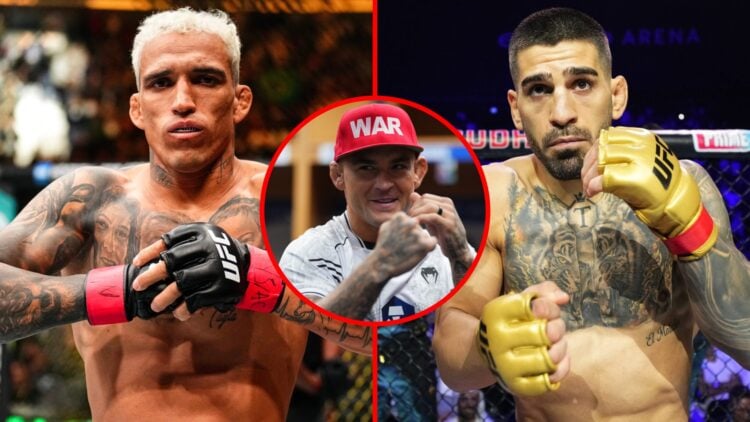 Left: Charles Oliveira inside the cage for his fight against Michael Chandler at UFC 309. Right: Ilia Topuria inside the cage for his fight against...
