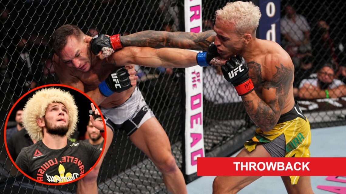 Charles Oliveira punches Michael Chandler during their title fight at UFC 262, inset Khabib Nurmagomedov at UFC 242 and Throwback label