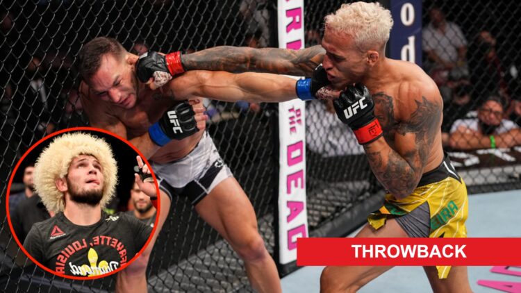 Charles Oliveira punches Michael Chandler during their title fight at UFC 262, inset Khabib Nurmagomedov at UFC 242 and Throwback label