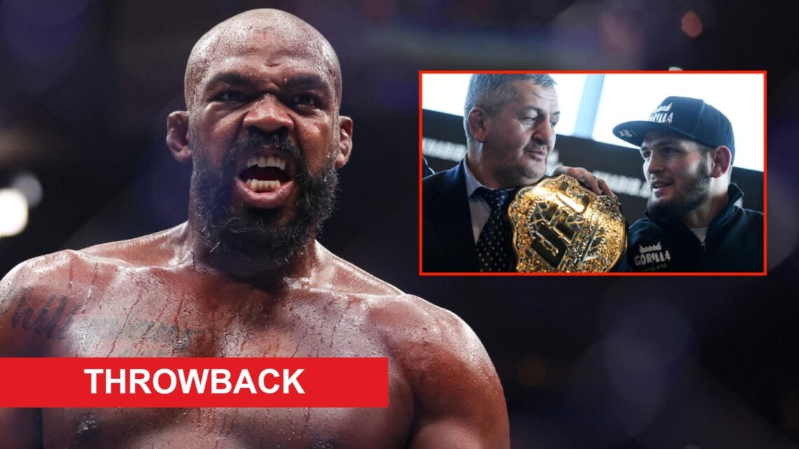 Jon Jones reacts after knocking out Stipe Miocic at UFC 309, inset Khabib and Abdulmanap Nurmagomedov at a 2018 media event