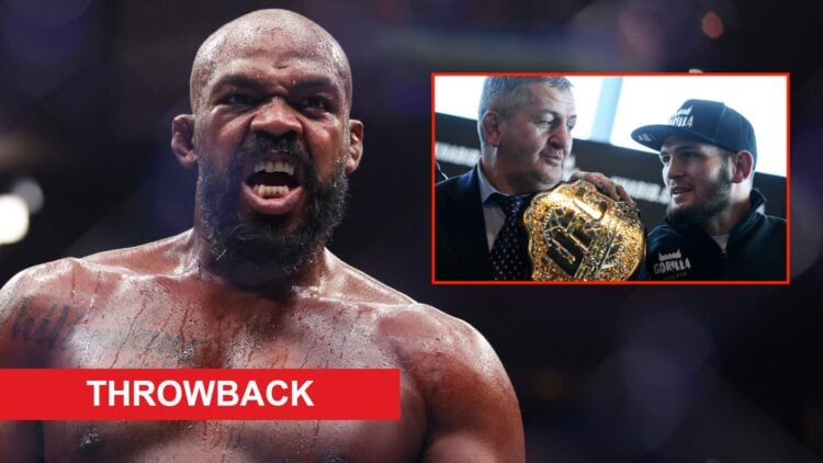 Jon Jones reacts after knocking out Stipe Miocic at UFC 309, inset Khabib and Abdulmanap Nurmagomedov at a 2018 media event