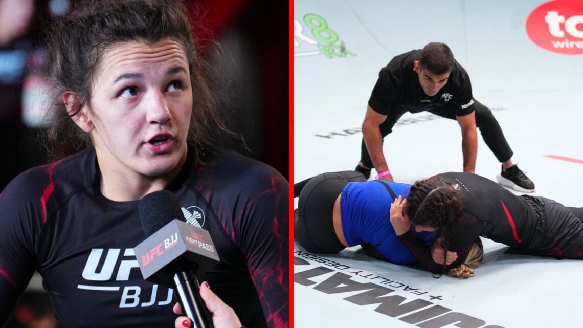 Split image of Bella Mir reacting to her win at UFC BJJ 1 and submitting her opponent.