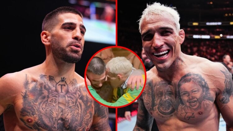 Left: Ilia Topuria in the cage for his fight against Max Holloway at UFC 308. Right: Charles Oliveira celebrates his win over Michael Chandler at U...