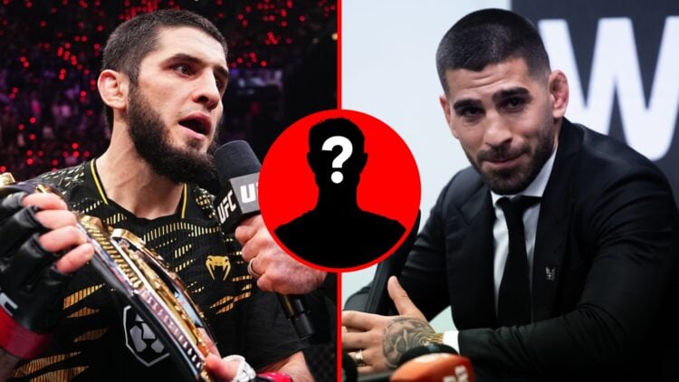 Left: Islam Makhachev is interviewed after his win over Renato Moicano in their UFC 311 title fight. Right: Ilia Topuria speaks in the press room a...