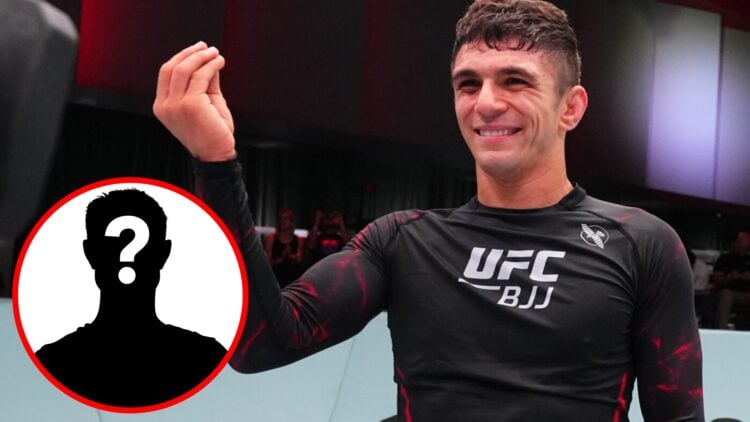 Mikey Musumeci celebrates his UFC BJJ 1 win over Rerisson Gabriel, inset mystery icon