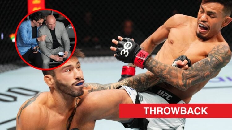 Main: Brandon Royval knocks Matheus Nicolau out with a knee in their fight at UFC Kansas City. Inset: Dana White and Hunter Campbell speak cageside...