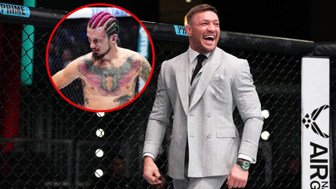 Main photo shows Conor McGregor wearing a grey suit in the octagon during The Ultimate Fighter. Bubble photo shows Sean O'Malley during a fight