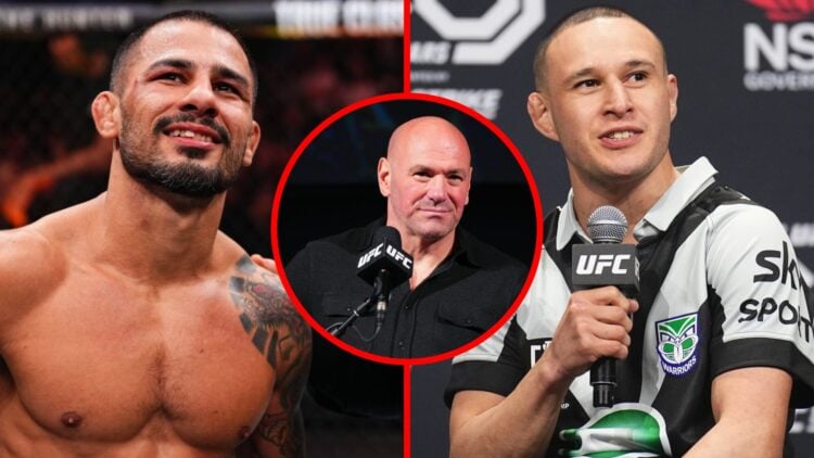 Alexandre Pantoja speaks to Joe Rogan after his win over Kai Asakura at UFC 310, Kai Kara-France speaks at the UFC 293 fan Q&A, inset Dana White on...
