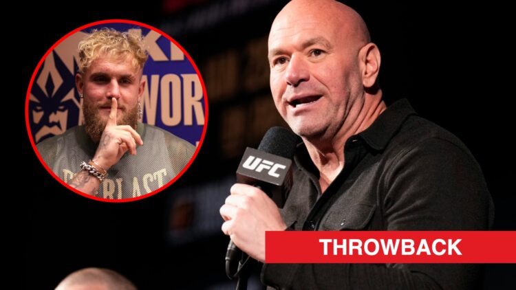 Main: Dana White on stage at the UFC 297 press conference. Inset: Jake Paul looks on during the Kings League world cup nations.