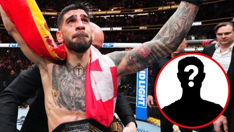 Ilia Topuria celebrates after beating Alexander Volkanovski at UFC 298, inset mystery icon