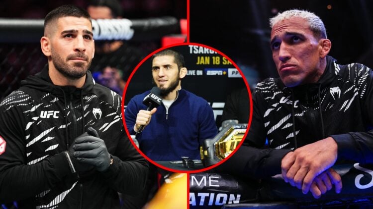 Split image of Ilia Topuria at UFC 312 and Charles Oliveira in the corner at UFC 310, inset of Islam Makhachev at UFC 311 press conference