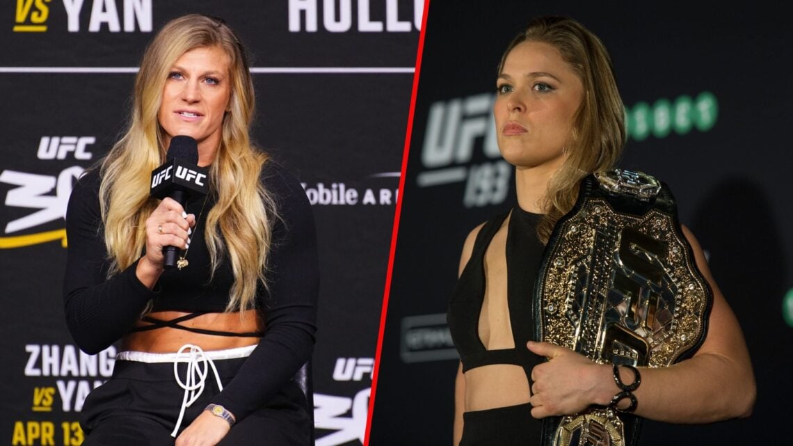 Left photo shows Kayla Harrison speaking at a UFC 300 media event. Right photo shows Ronda Rousey holding her UFC belt at UFC 193 media day