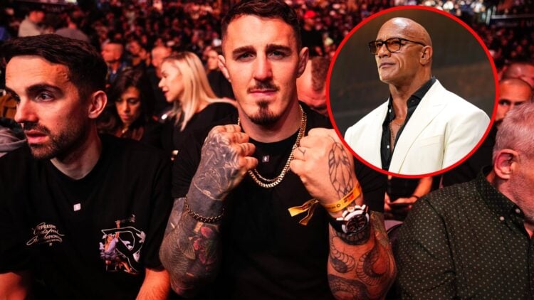 Main photo shows Tom Aspinall at UFC 309, bubble photo shows Dwayne 'The Rock' Johnson at the UFC Hall of Fame