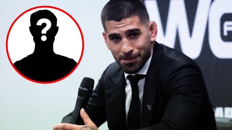 Ilia Topuria speaks at the WOW 17 press conference in Madrid, inset mystery icon