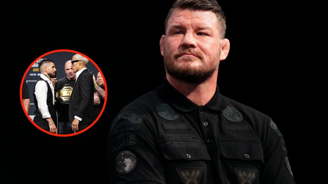 Michael Bisping on stage at the UFC 290 press conference with an overlay of Ilia Topuria and Charles Oliveira facing off at the UFC 317 press confe...
