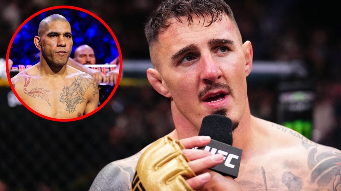 Tom Aspinall speaks after his win over Curtis Blaydes at UFC 304, inset of Alex Pereira staring down Magomed Ankalaev at UFC 313