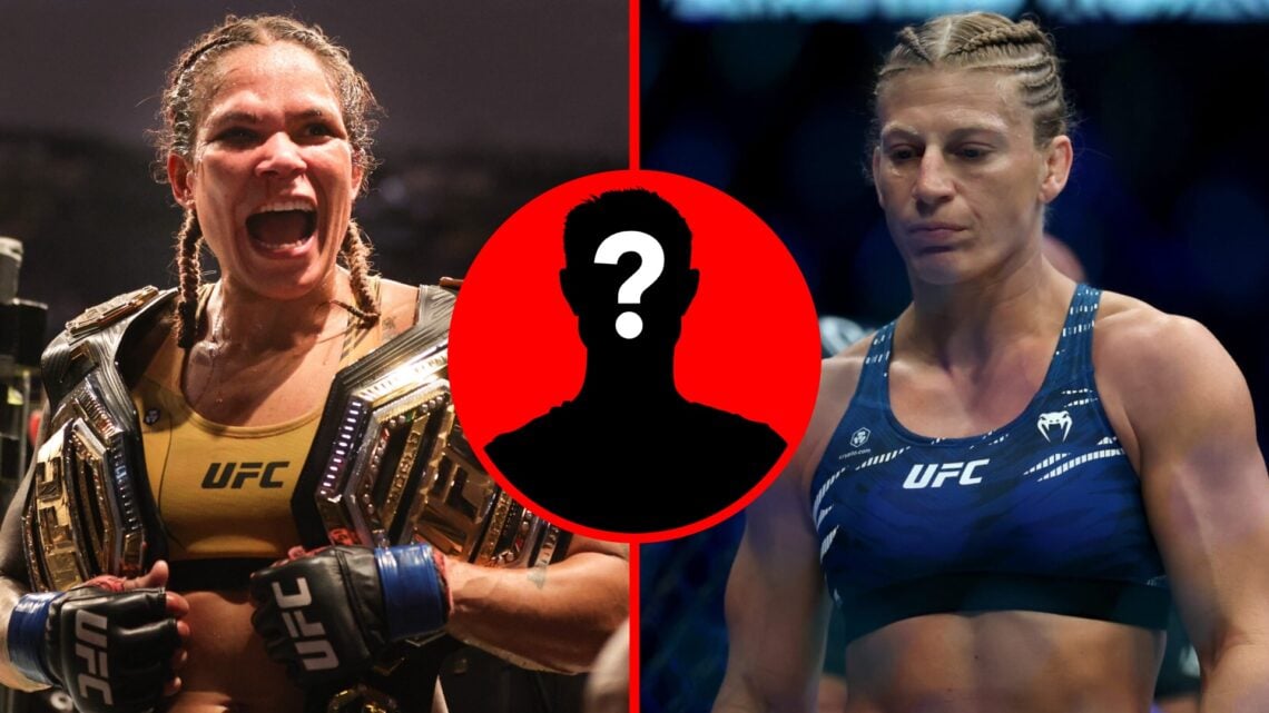 Amanda Nunes celebrates after beating Julianna Pena at UFC 227 with Kayla Harrison entering the Octagon at UFC 316, inset mystery icon