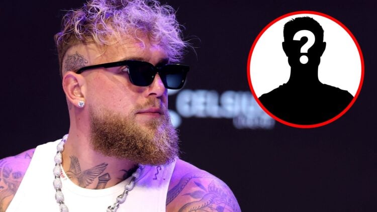 Jake Paul looks on during a press conference in Los Angeles, California, inset mystery icon