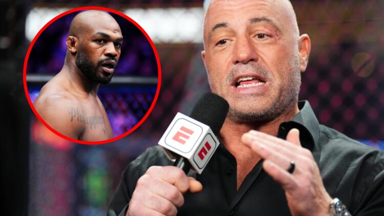 Joe Rogan speaks at UFC 290, inset of Jon Jones in the Octagon at UFC 285.