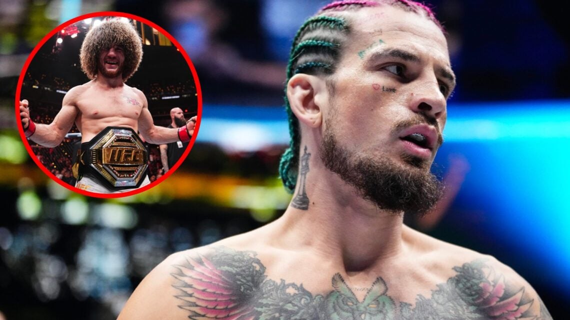 Sean O'Malley prepares to face Merab Dvalishvili at UFC 306 with an inset of Dvalishvili reacting to his win over Umar Nurmagomedov at UFC 311