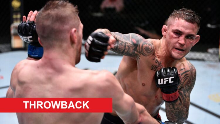 Dustin Poirier throws a right hand towards Dan Hooker during their 2020 UFC fight, with a red rectangle labeled "THROWBACK" in the bottom left hand...