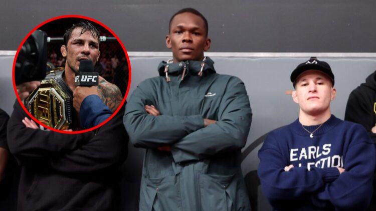 Main: Israel Adesanya and Kai Kara-France pose during a UFC 293 media opportunity at the City Kickboxing gym. Inset: Alexandre Pantoja is interview...